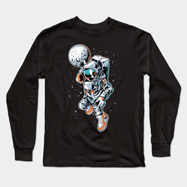 Astronaut Dunking Moon Funny Basketball Art Long Sleeve T-Shirt by Evoke Collective